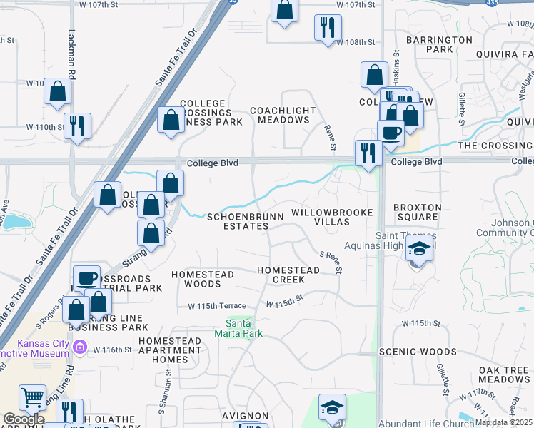 map of restaurants, bars, coffee shops, grocery stores, and more near 14091 West 112th Terrace in Lenexa
