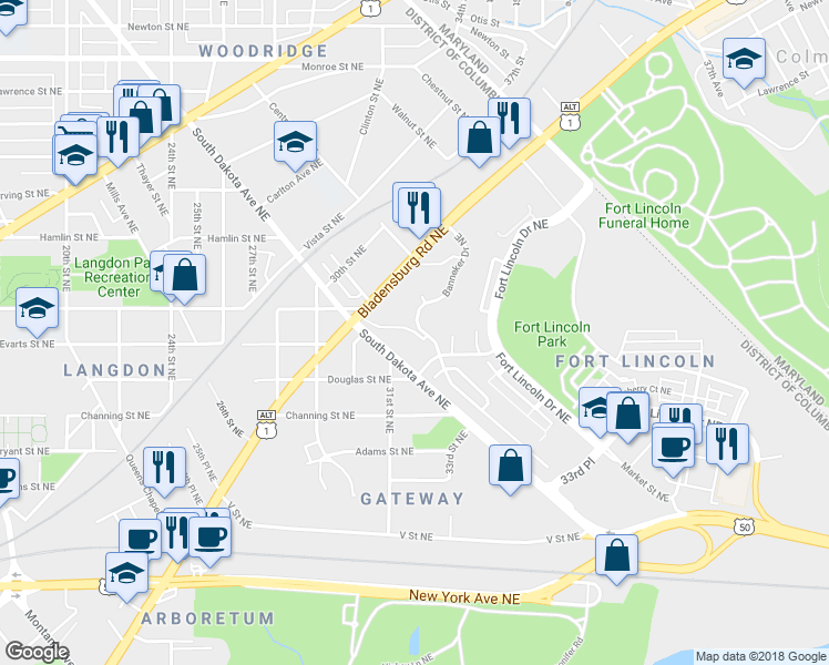 map of restaurants, bars, coffee shops, grocery stores, and more near 3129 Apple Road Northeast in Washington