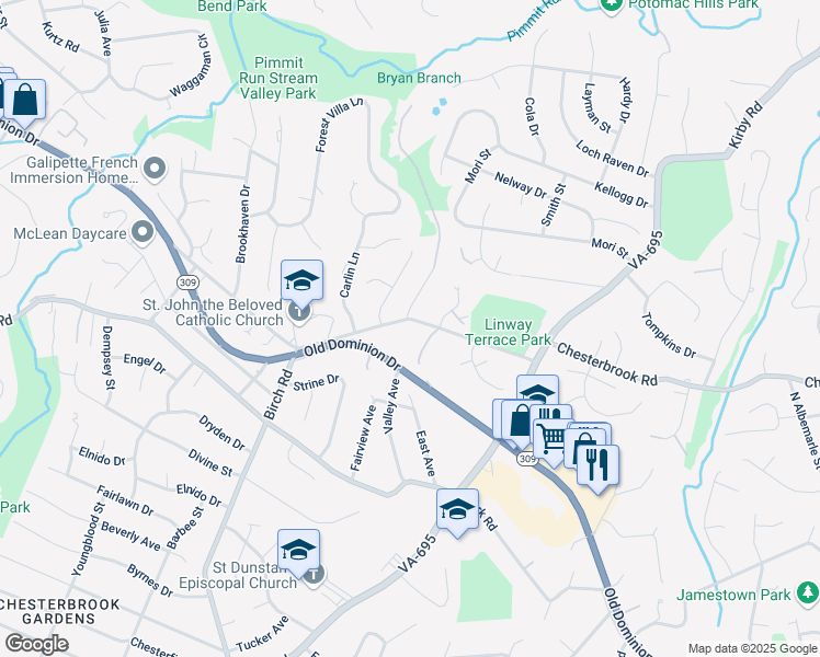 map of restaurants, bars, coffee shops, grocery stores, and more near 6329 Linway Terrace in McLean