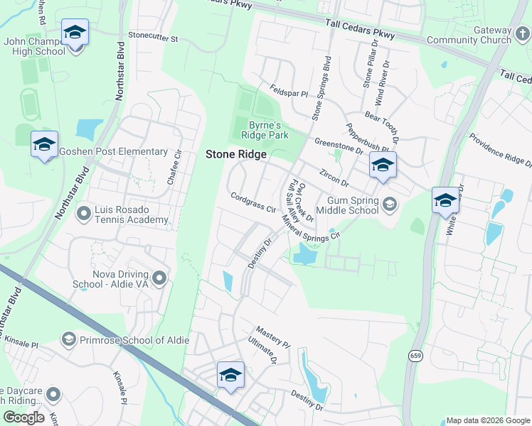 map of restaurants, bars, coffee shops, grocery stores, and more near 41869 Cordgrass Circle in Stone Ridge