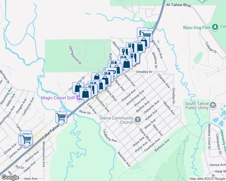 map of restaurants, bars, coffee shops, grocery stores, and more near 2565 Chris Avenue in South Lake Tahoe