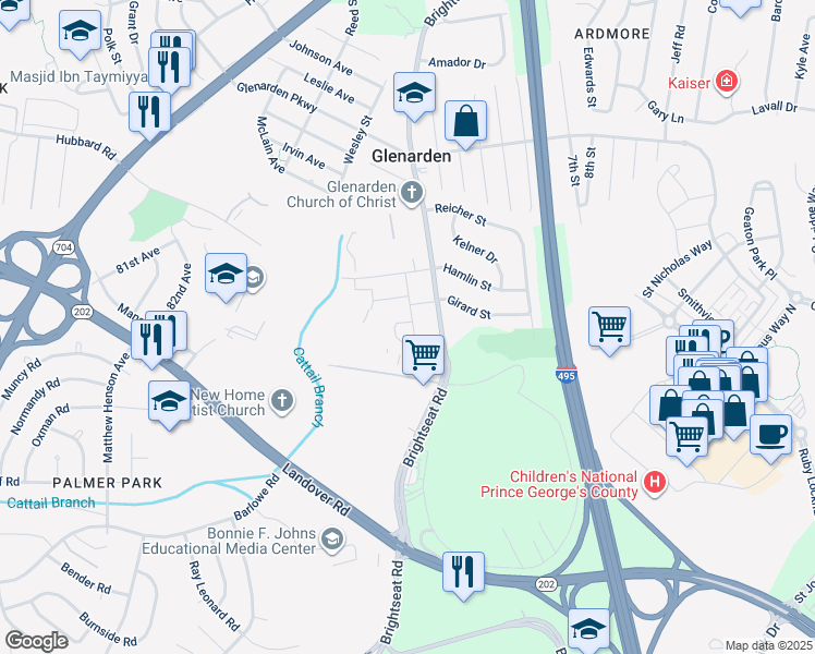 map of restaurants, bars, coffee shops, grocery stores, and more near 8441 Marvin Wilson Way in Glenarden