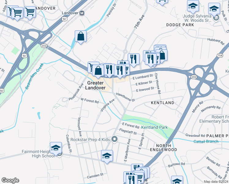 map of restaurants, bars, coffee shops, grocery stores, and more near 6862 Hawthorne Street in Greater Landover