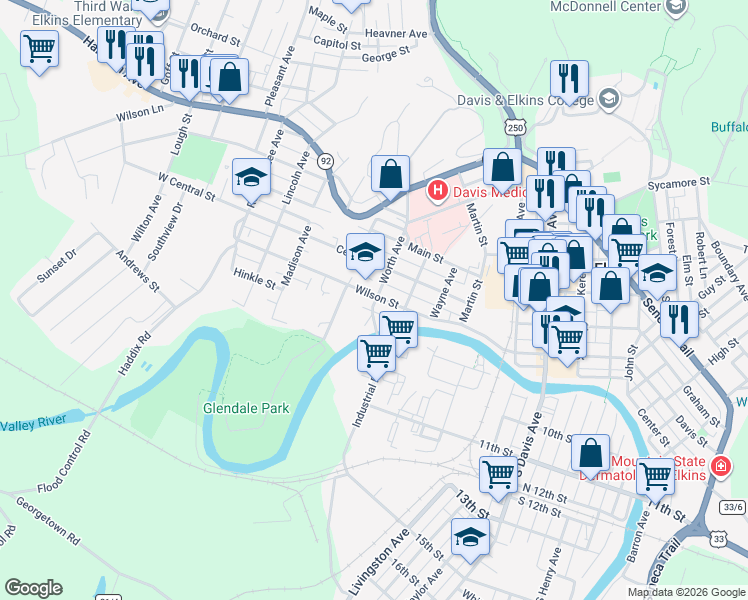 map of restaurants, bars, coffee shops, grocery stores, and more near 301-399 Wilson Street in Elkins