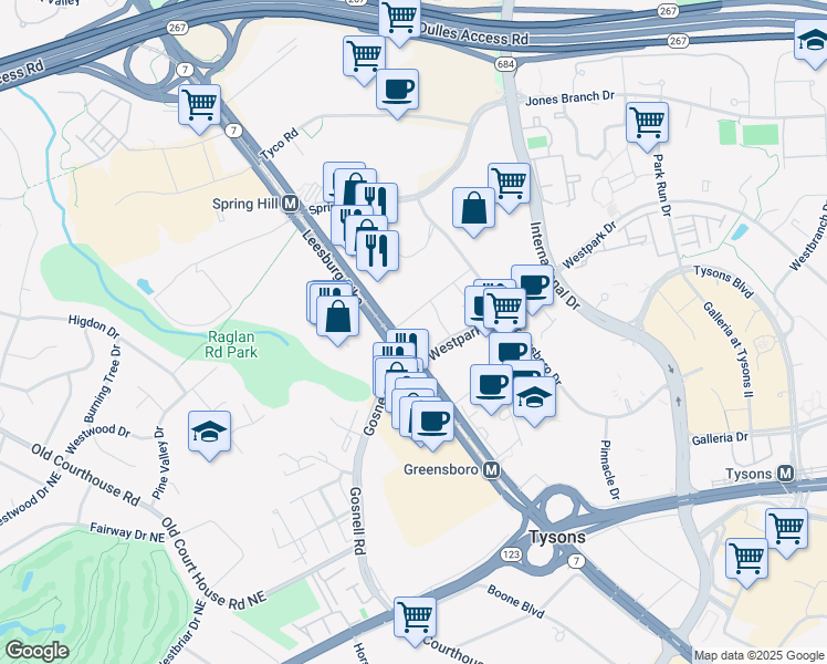 map of restaurants, bars, coffee shops, grocery stores, and more near 8484 Westpark Drive in Tysons