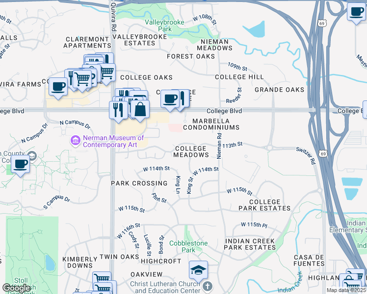 map of restaurants, bars, coffee shops, grocery stores, and more near 11329 West 112th Terrace in Overland Park