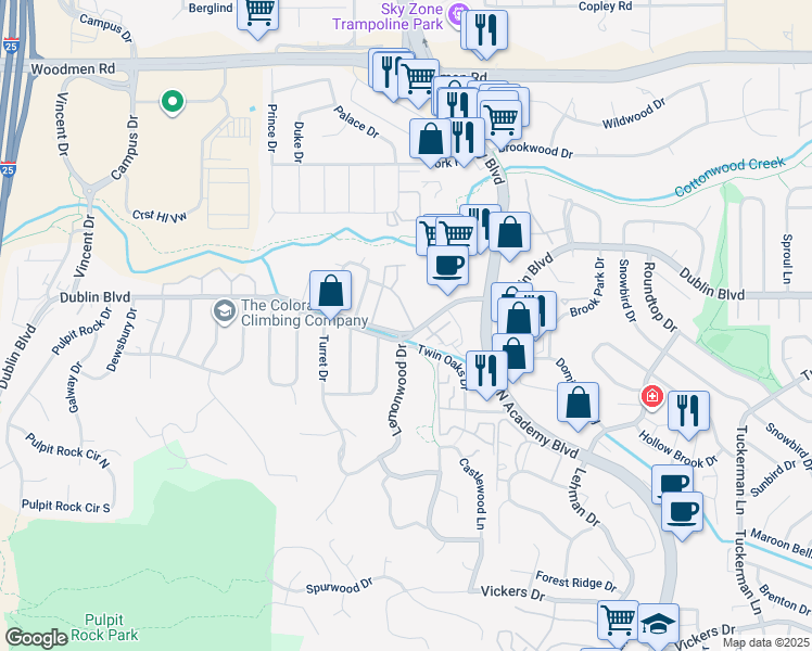 map of restaurants, bars, coffee shops, grocery stores, and more near 1690 Dublin Boulevard in Colorado Springs