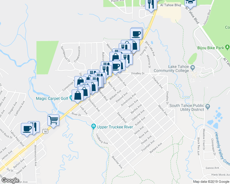 map of restaurants, bars, coffee shops, grocery stores, and more near 1048 Reno Avenue in South Lake Tahoe