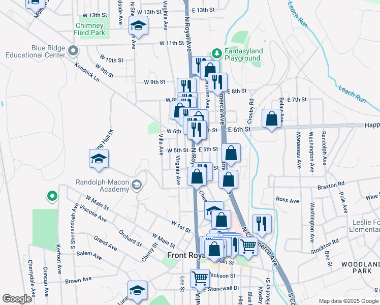 map of restaurants, bars, coffee shops, grocery stores, and more near 430 North Royal Avenue in Front Royal