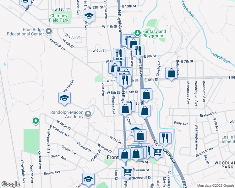 map of restaurants, bars, coffee shops, grocery stores, and more near 12 West 5th Street in Front Royal