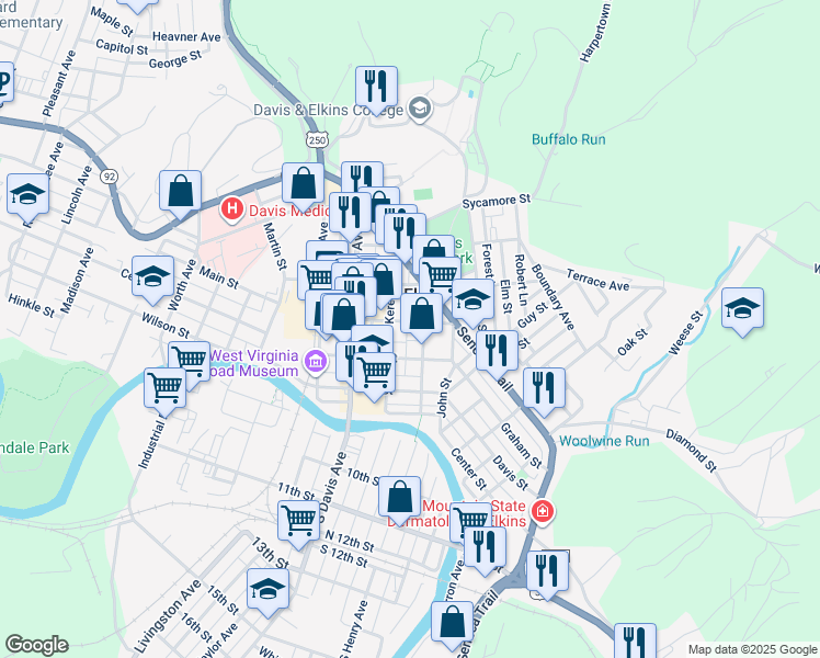 map of restaurants, bars, coffee shops, grocery stores, and more near 125 3rd Street in Elkins