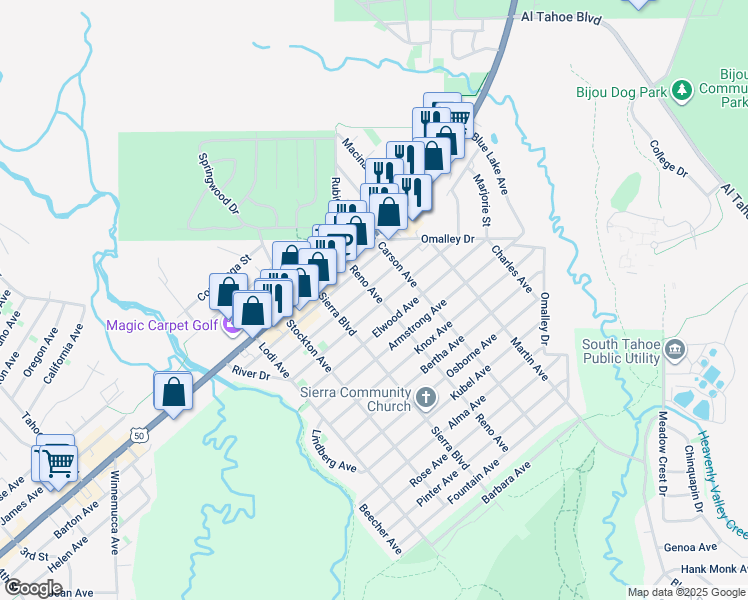 map of restaurants, bars, coffee shops, grocery stores, and more near 1048 Reno Avenue in South Lake Tahoe