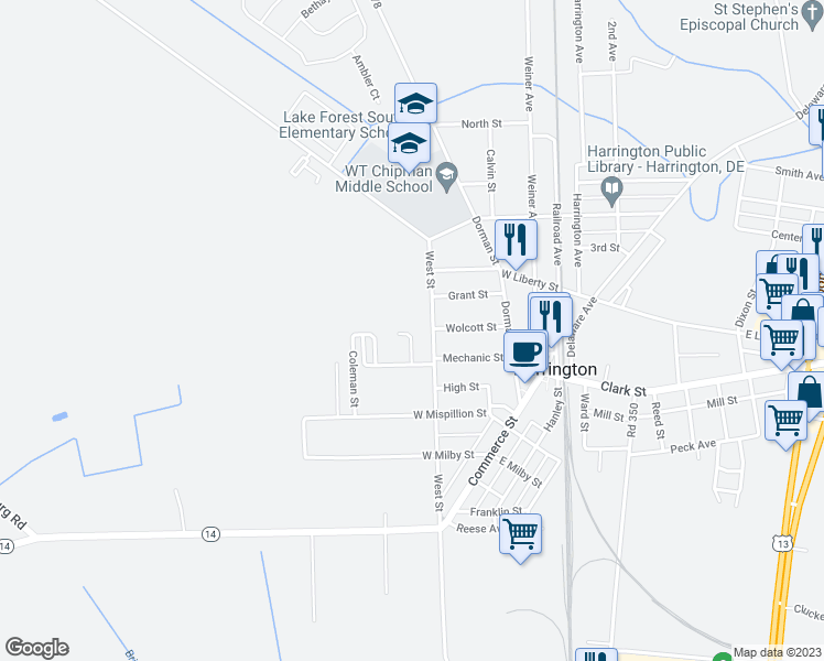 map of restaurants, bars, coffee shops, grocery stores, and more near 400 Mason Avenue in Harrington