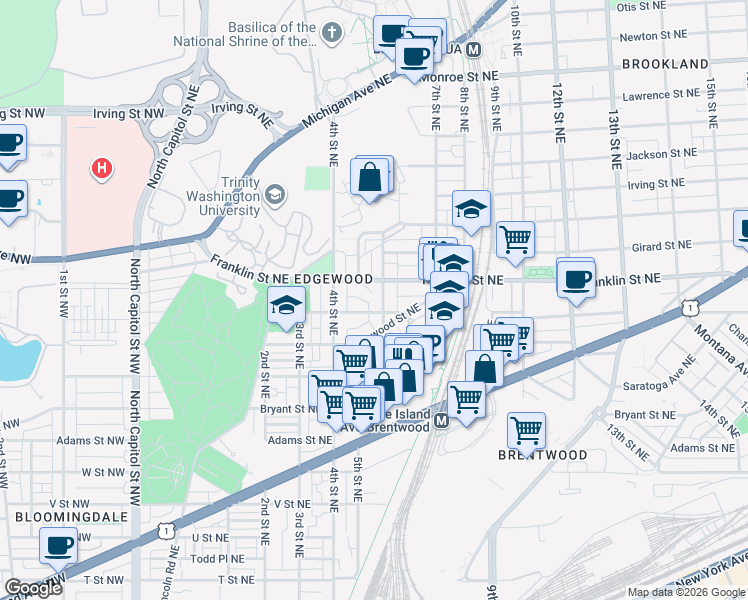 map of restaurants, bars, coffee shops, grocery stores, and more near 101 Independence Avenue Southeast in Washington