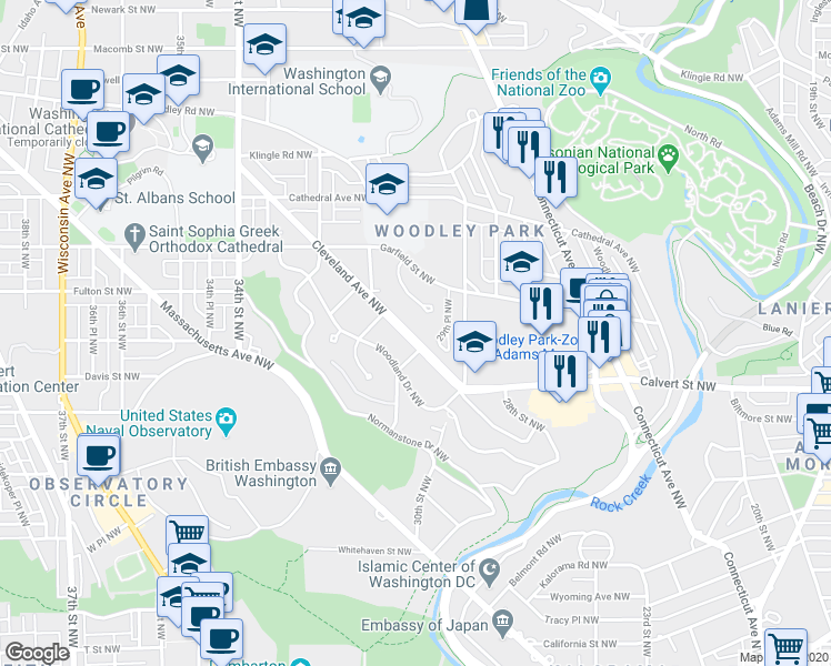 map of restaurants, bars, coffee shops, grocery stores, and more near 3013 Cleveland Avenue Northwest in Washington
