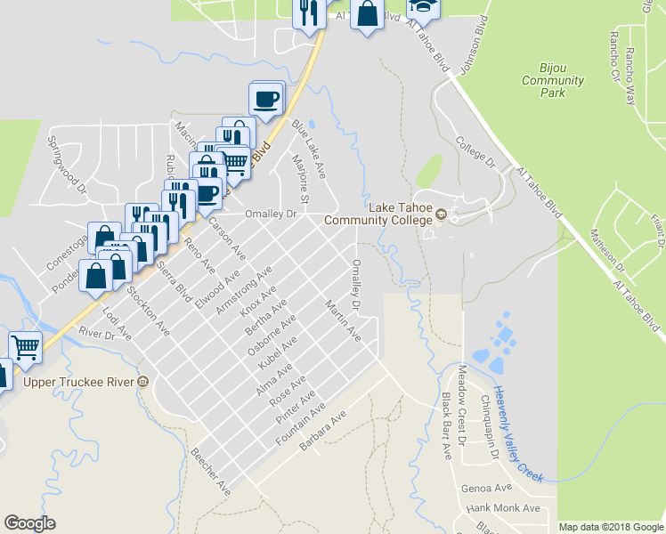 map of restaurants, bars, coffee shops, grocery stores, and more near 2698 Bertha Avenue in South Lake Tahoe