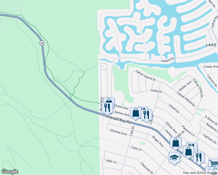 map of restaurants, bars, coffee shops, grocery stores, and more near 2094 Lukins Way in South Lake Tahoe