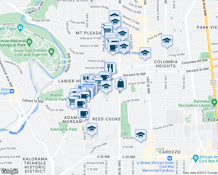 map of restaurants, bars, coffee shops, grocery stores, and more near 2604 Mozart Place Northwest in Washington