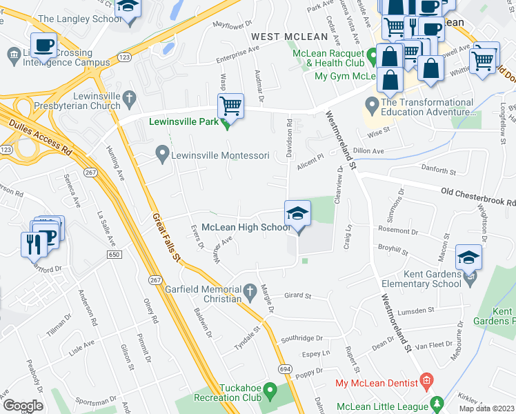 map of restaurants, bars, coffee shops, grocery stores, and more near 7016 Westbury Road in McLean