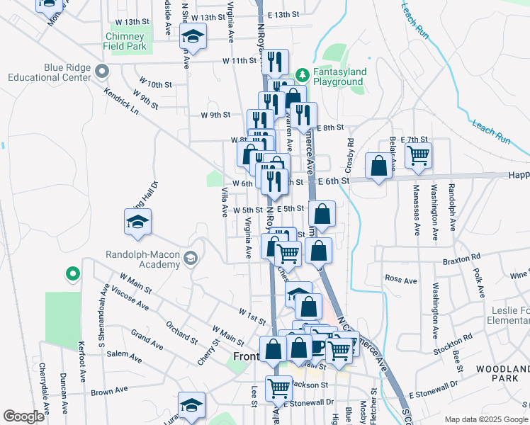map of restaurants, bars, coffee shops, grocery stores, and more near 430 North Royal Avenue in Front Royal