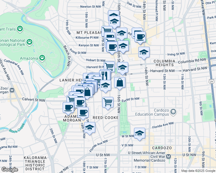 map of restaurants, bars, coffee shops, grocery stores, and more near 2604 Mozart Place Northwest in Washington