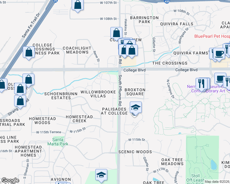map of restaurants, bars, coffee shops, grocery stores, and more near 11216 Pflumm Road in Lenexa