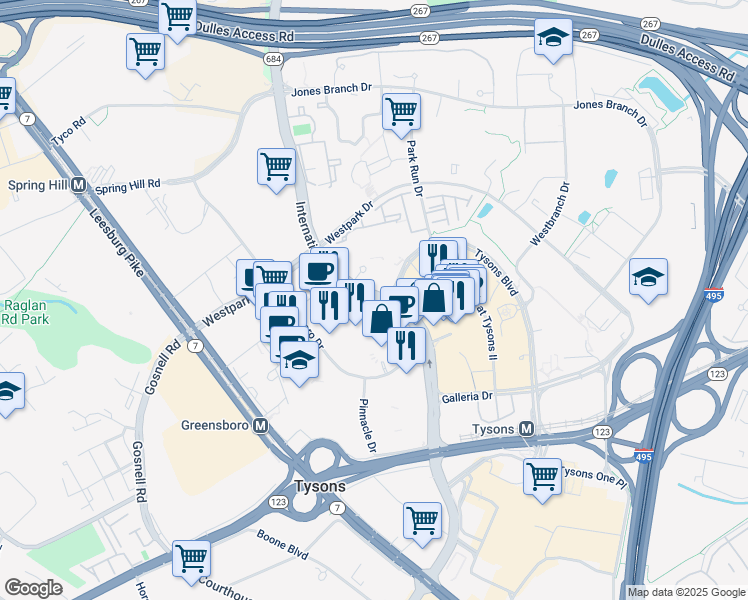 map of restaurants, bars, coffee shops, grocery stores, and more near International Drive in Tysons