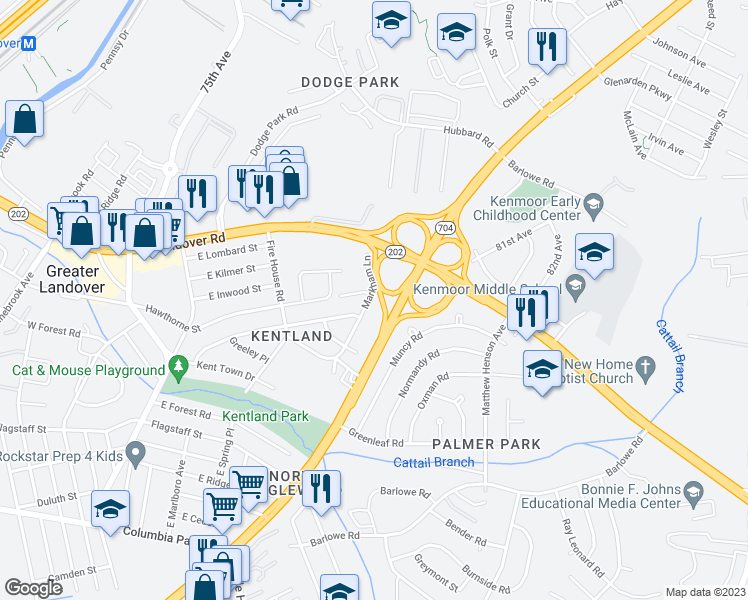 map of restaurants, bars, coffee shops, grocery stores, and more near 2583 Markham Lane in Greater Landover