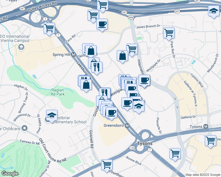 map of restaurants, bars, coffee shops, grocery stores, and more near 8484 Westpark Drive in McLean