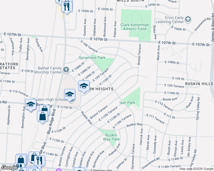 map of restaurants, bars, coffee shops, grocery stores, and more near 7604 East 111th Terrace in Kansas City