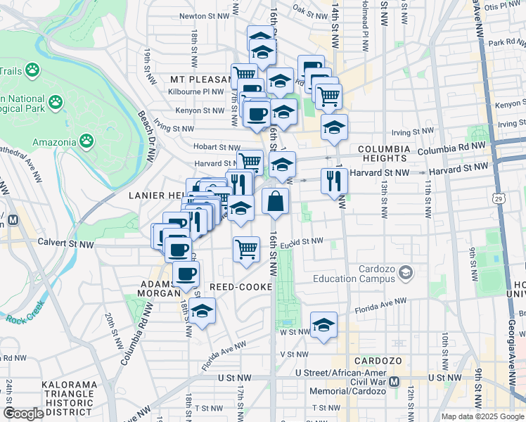 map of restaurants, bars, coffee shops, grocery stores, and more near 2700 16th Street Northwest in Washington