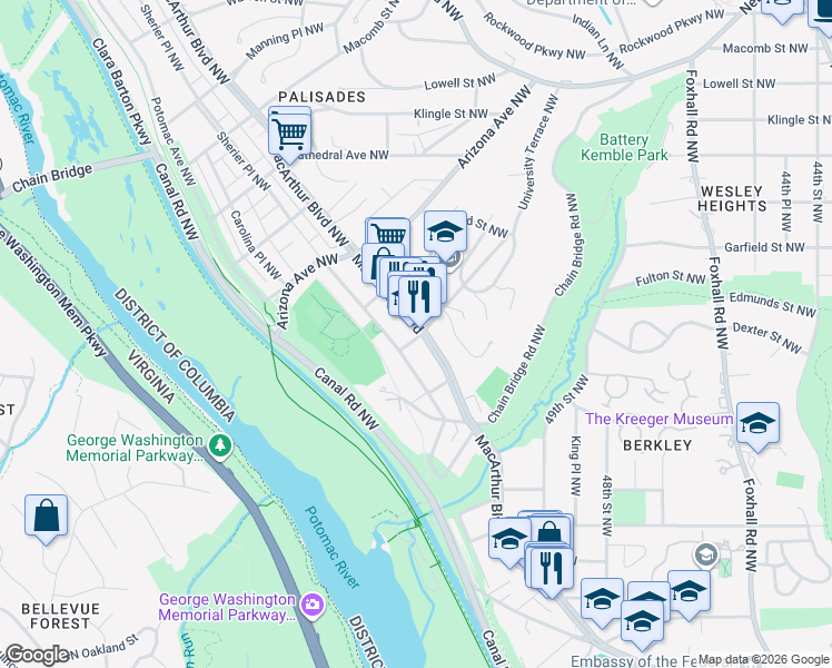 map of restaurants, bars, coffee shops, grocery stores, and more near 5100 MacArthur Boulevard Northwest in Washington