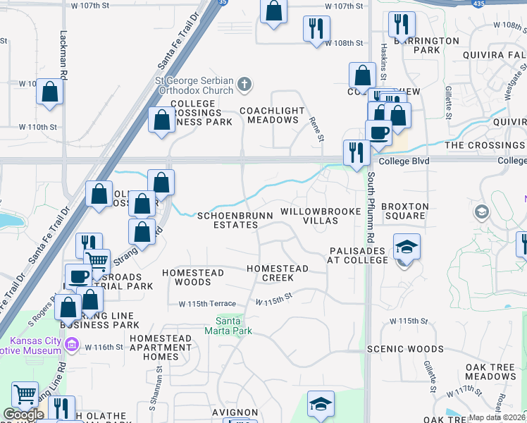 map of restaurants, bars, coffee shops, grocery stores, and more near 14063 West 112th Terrace in Lenexa