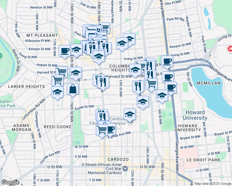 map of restaurants, bars, coffee shops, grocery stores, and more near 1313 Fairmont Street Northwest in Washington