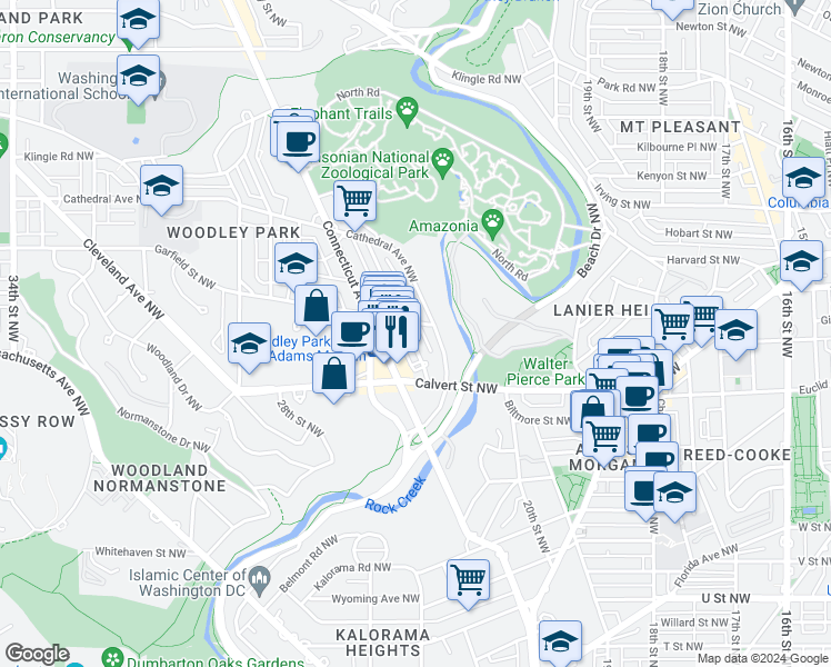 map of restaurants, bars, coffee shops, grocery stores, and more near 2637 Woodley Place Northwest in Washington