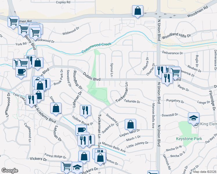 map of restaurants, bars, coffee shops, grocery stores, and more near 6410 Gilmore Grove in Colorado Springs