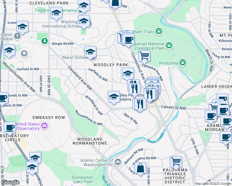 map of restaurants, bars, coffee shops, grocery stores, and more near 2745 29th Street Northwest in Washington