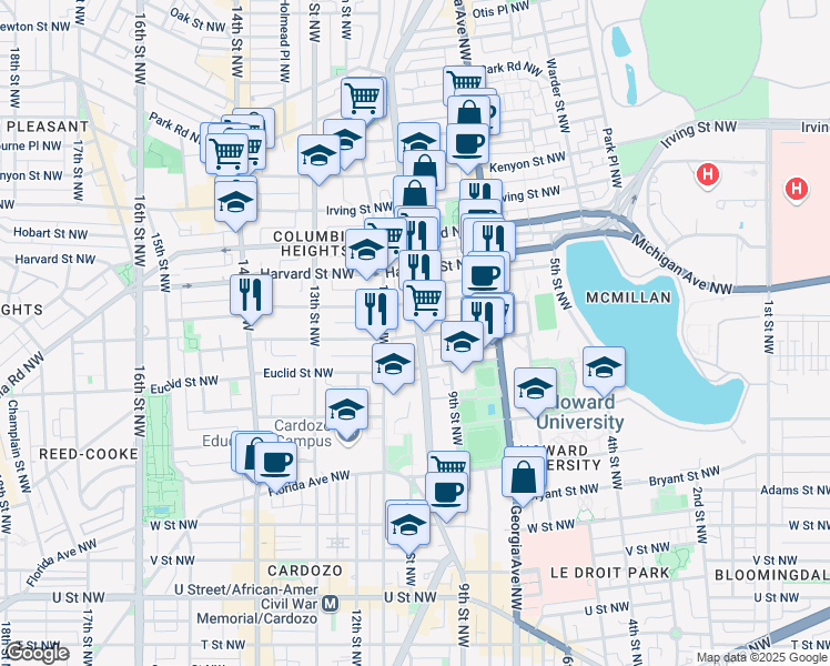 map of restaurants, bars, coffee shops, grocery stores, and more near 2708 Sherman Avenue Northwest in Washington