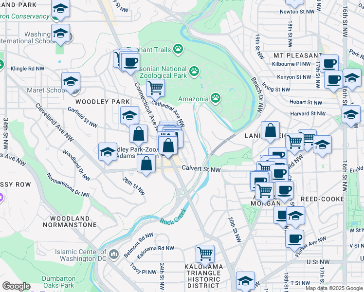map of restaurants, bars, coffee shops, grocery stores, and more near 2637 Woodley Place Northwest in Washington