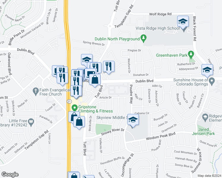map of restaurants, bars, coffee shops, grocery stores, and more near 6116 New Colt Grove in Colorado Springs