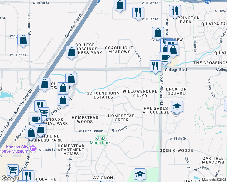 map of restaurants, bars, coffee shops, grocery stores, and more near 14091 West 112th Terrace in Lenexa