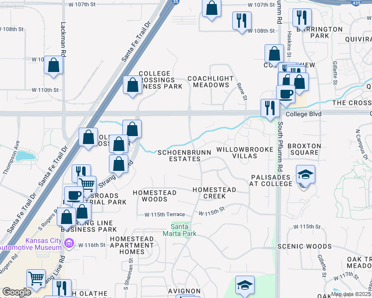 map of restaurants, bars, coffee shops, grocery stores, and more near 14150 West 113th Street in Lenexa