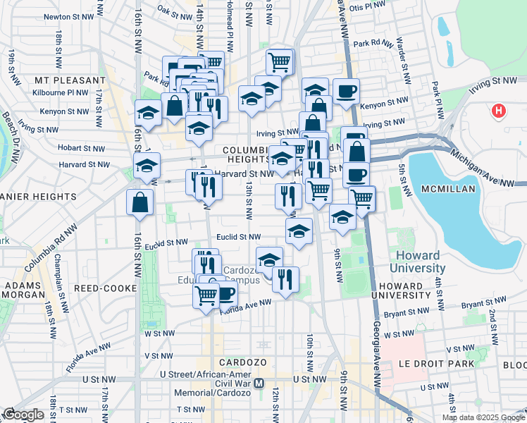 map of restaurants, bars, coffee shops, grocery stores, and more near 1225 Fairmont Street Northwest in Washington