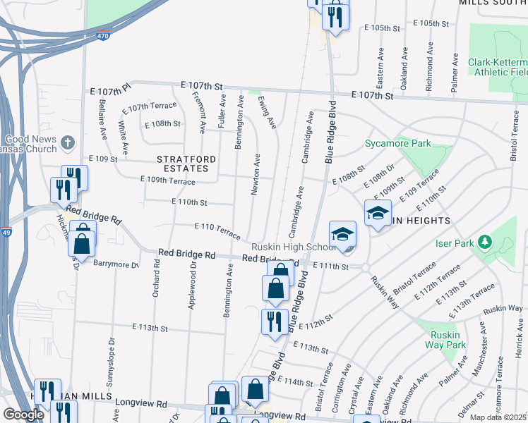 map of restaurants, bars, coffee shops, grocery stores, and more near 10916 Ewing Avenue in Kansas City