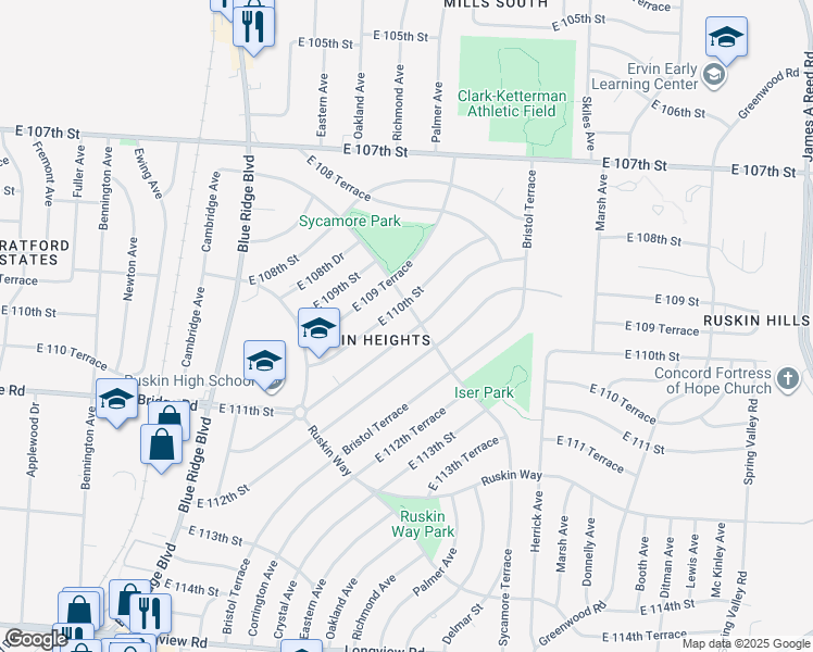 map of restaurants, bars, coffee shops, grocery stores, and more near 7604 East 111th Terrace in Kansas City