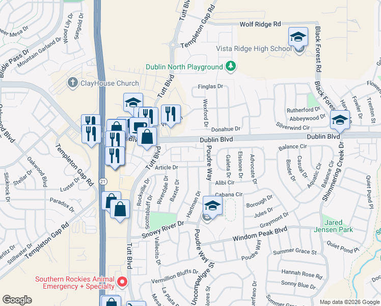 map of restaurants, bars, coffee shops, grocery stores, and more near 6215 Sierra Grande Point in Colorado Springs