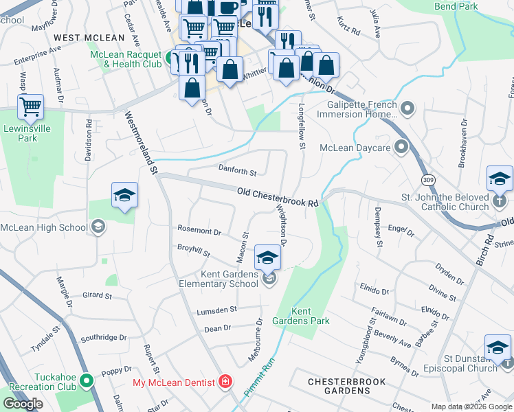 map of restaurants, bars, coffee shops, grocery stores, and more near 1626 Macon Street in McLean