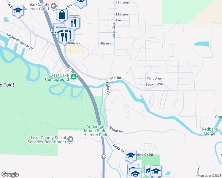 map of restaurants, bars, coffee shops, grocery stores, and more near 8050 Lake Street in Lower Lake
