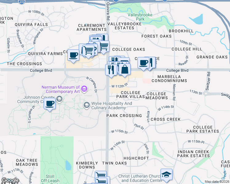 map of restaurants, bars, coffee shops, grocery stores, and more near 11808 West 112th Terrace in Overland Park