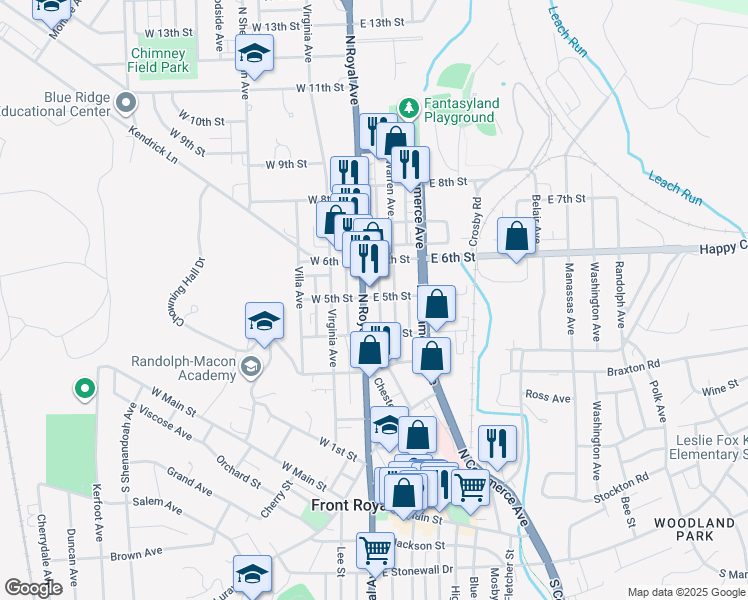 map of restaurants, bars, coffee shops, grocery stores, and more near 429 North Royal Avenue in Front Royal